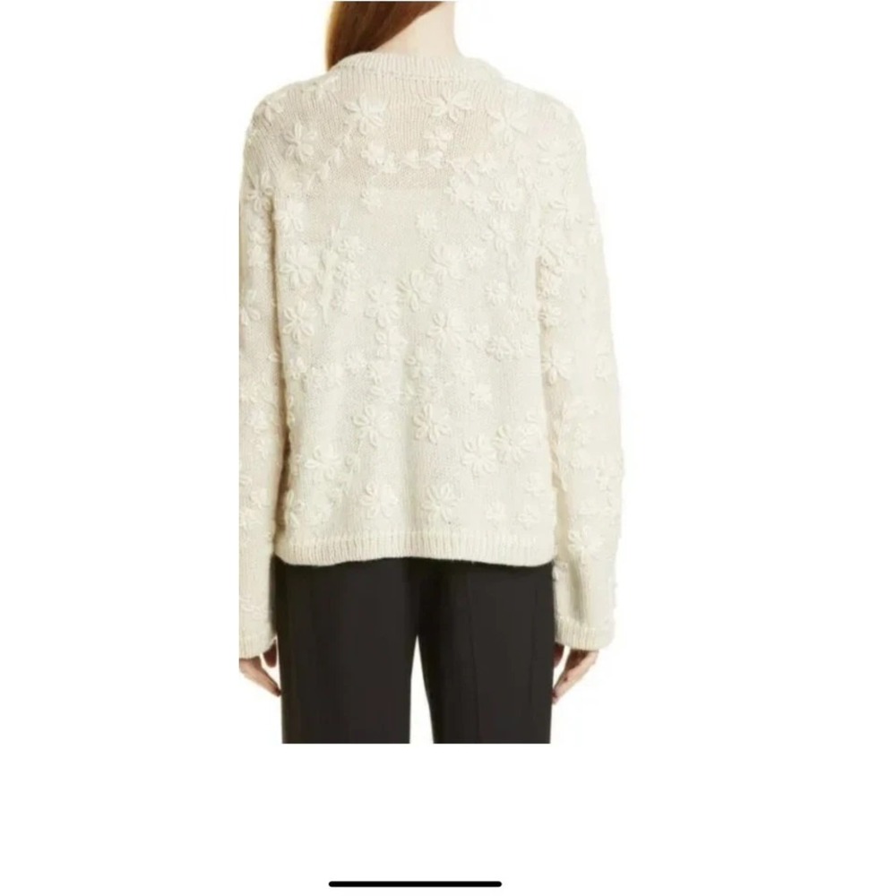 Rebecca Taylor Floral Embroidered Ivory Wool Women's XL Pom Pom Wool Cardigan - Picture 7 of 10